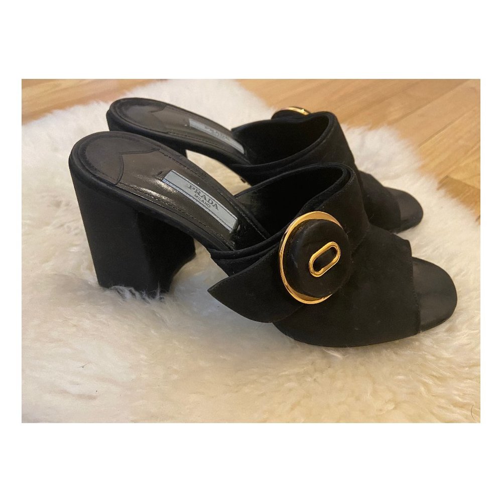 Prada Suede Button Block Heel Mules In Nero
